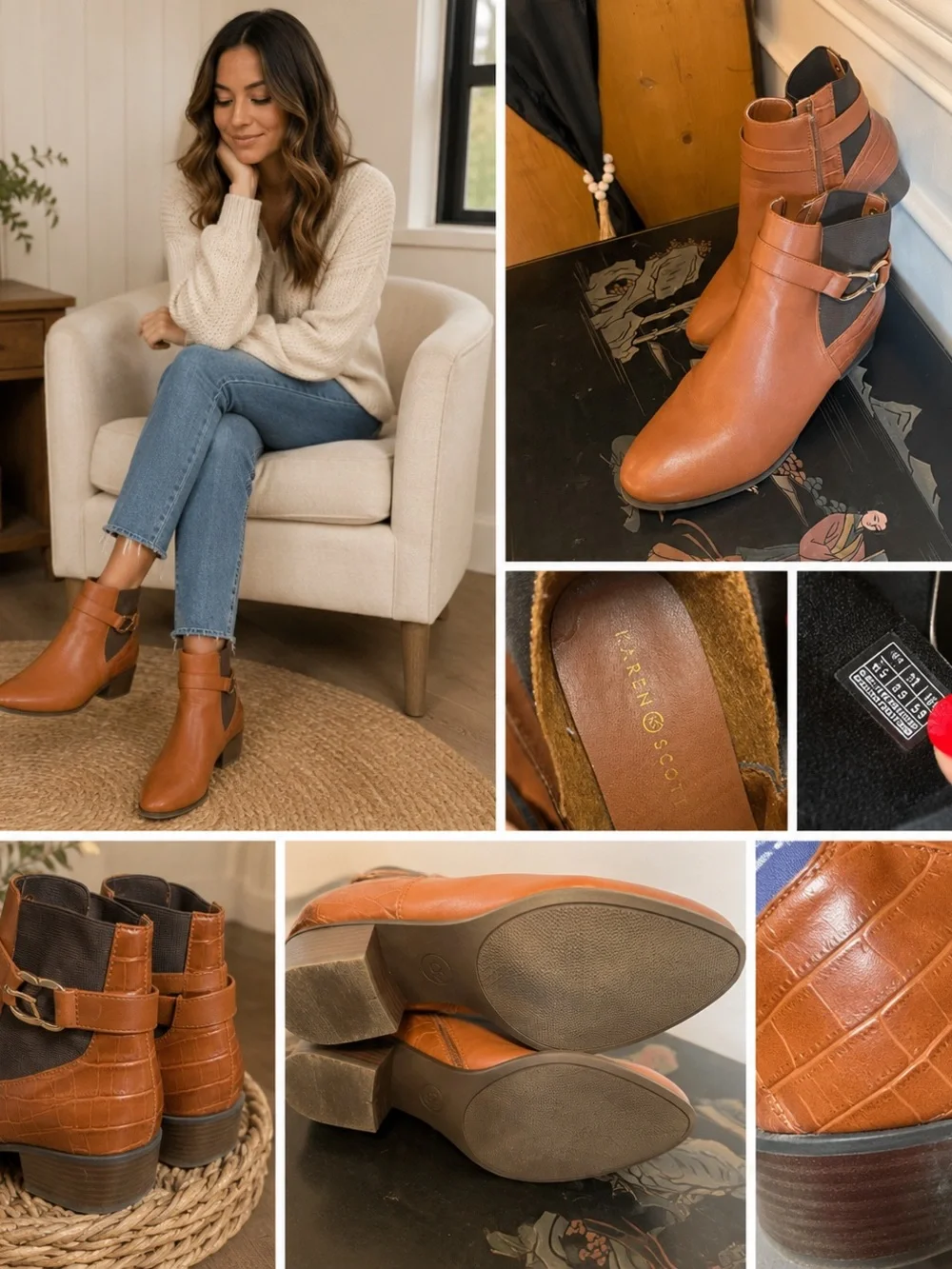 Karen Scott Cognac Leather Ankle Booties with Buckle
